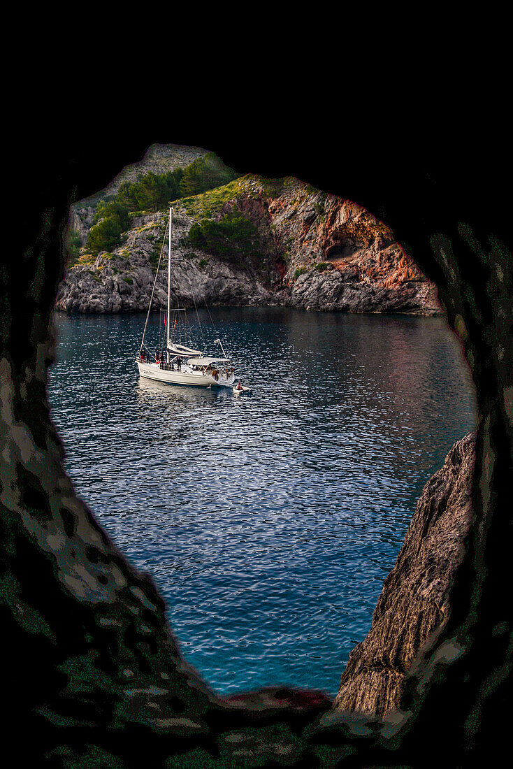 Sa Calobra Sailing boat at sunset in Torrent de Pareis, Mallorca, Spain