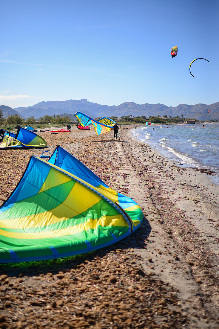 Kitesurfing in Port de Pollenca beach, Mallorca, Spain