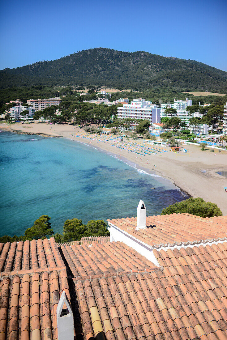 View from above of a beautiful beach and coastal buildings in Mallorca, Spain