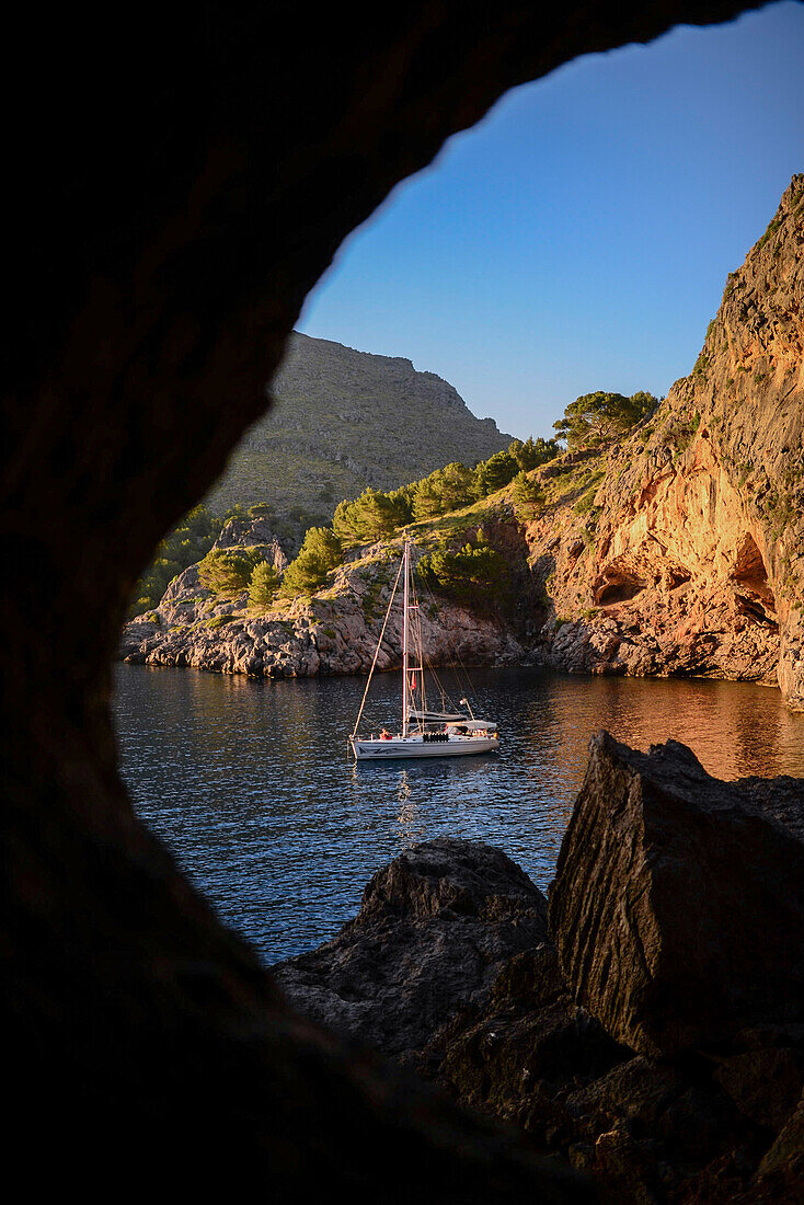 Sailing boat at sunset in Torrent de Pareis, Mallorca, Spain