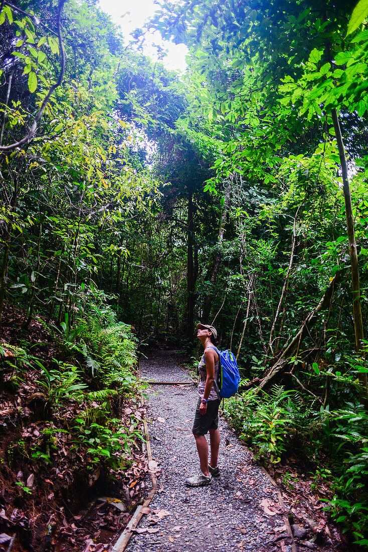 Junge weiße abenteuerlustige Frau erkundet den Manuel-Antonio-Nationalpark in Costa Rica