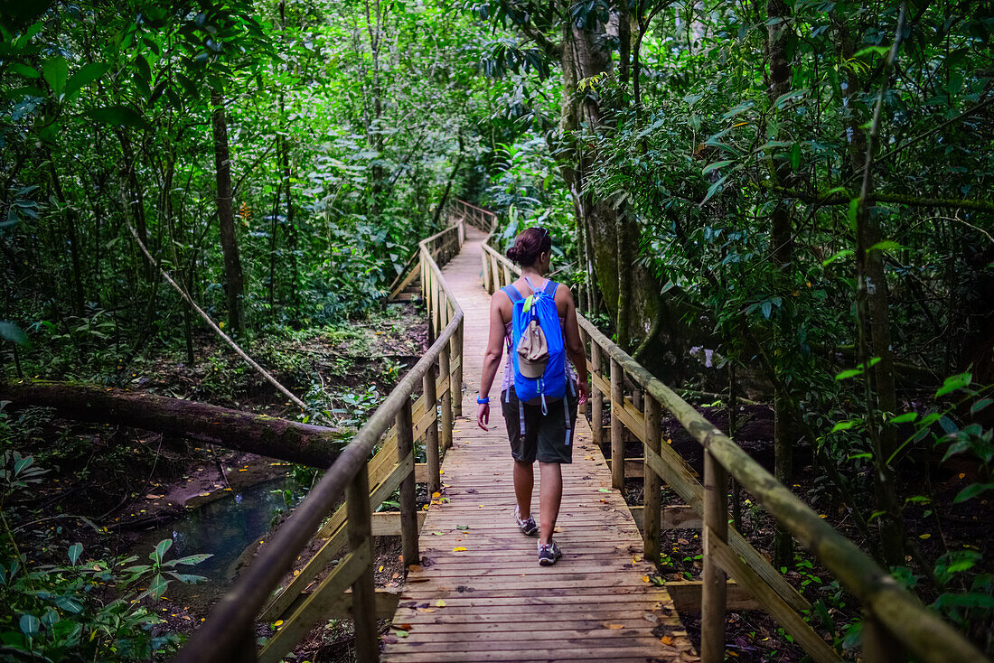 Young caucasian adventurous woman exploring Manuel Antonio National Park in Costa Rica