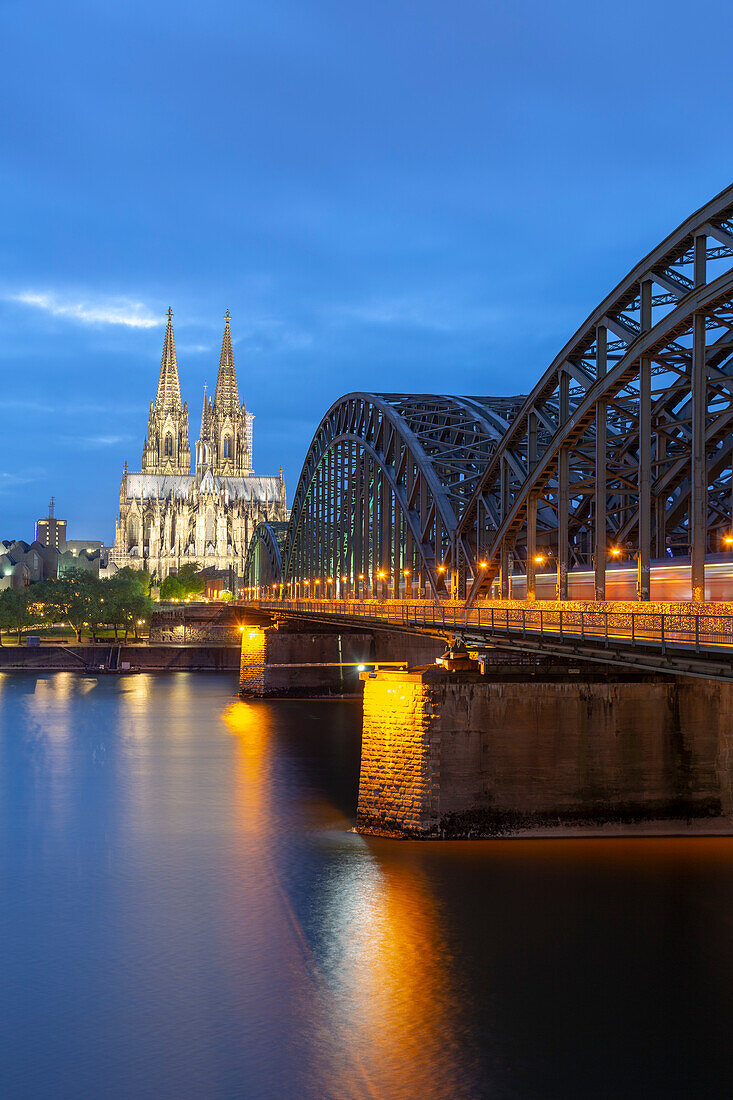 Cologne Cathedral and Hohenzollern Bridge on River Rhine, Rheinauharbour, Cologne, North Rhine Westphalia, Germany