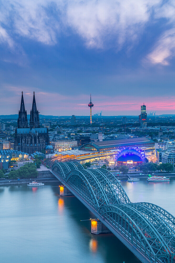 Cologne Cathedral, River Rhine and Hohenzollern Bridge, Cologne, North Rhine Westphalia, Germany