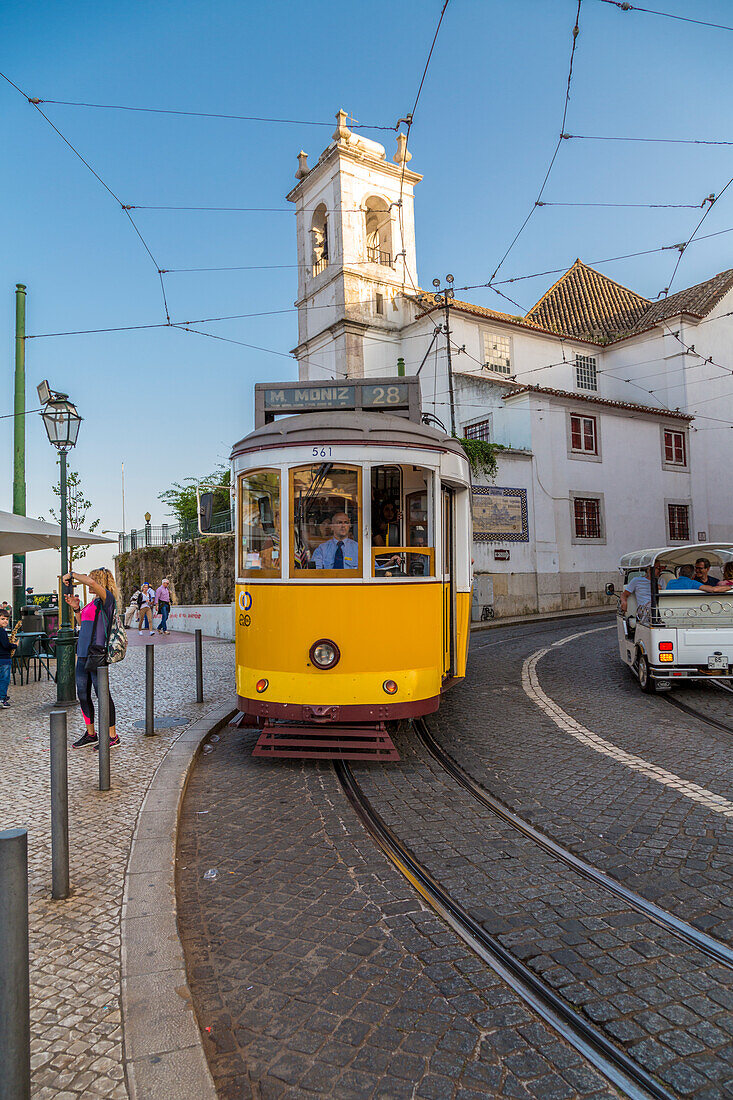 Lisbon, Portugal. Tram driving in the Alframa District
