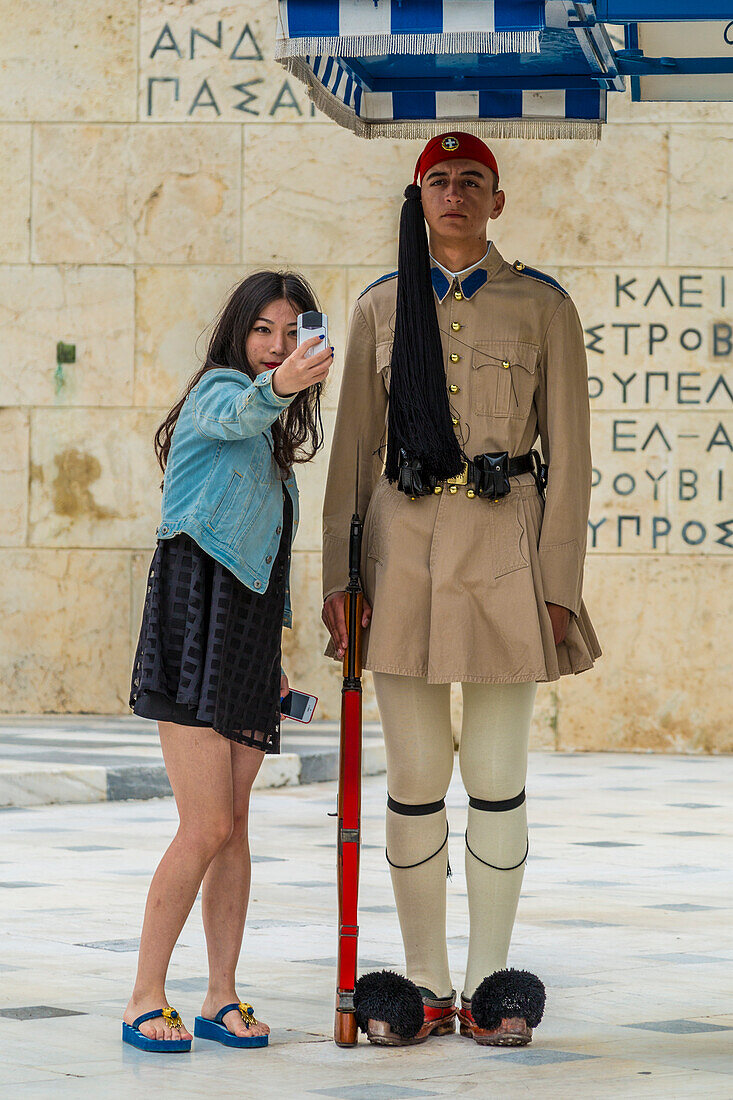 Slfie during the change of guard at the Greek Parliament in Athens, Greece