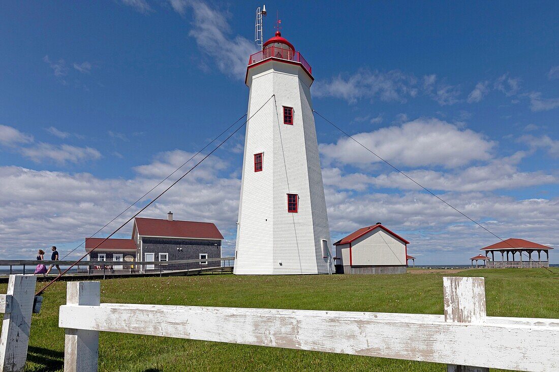 Wooden lighthouse and cafe du gardien, miscou island, new brunswick, canada, north america