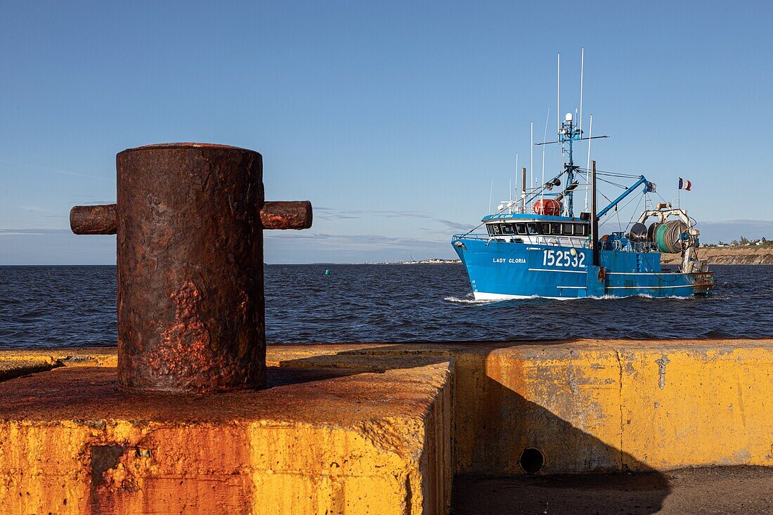 Trawler at the exit of the fishing port, caraquet, new brunswick, canada, north america