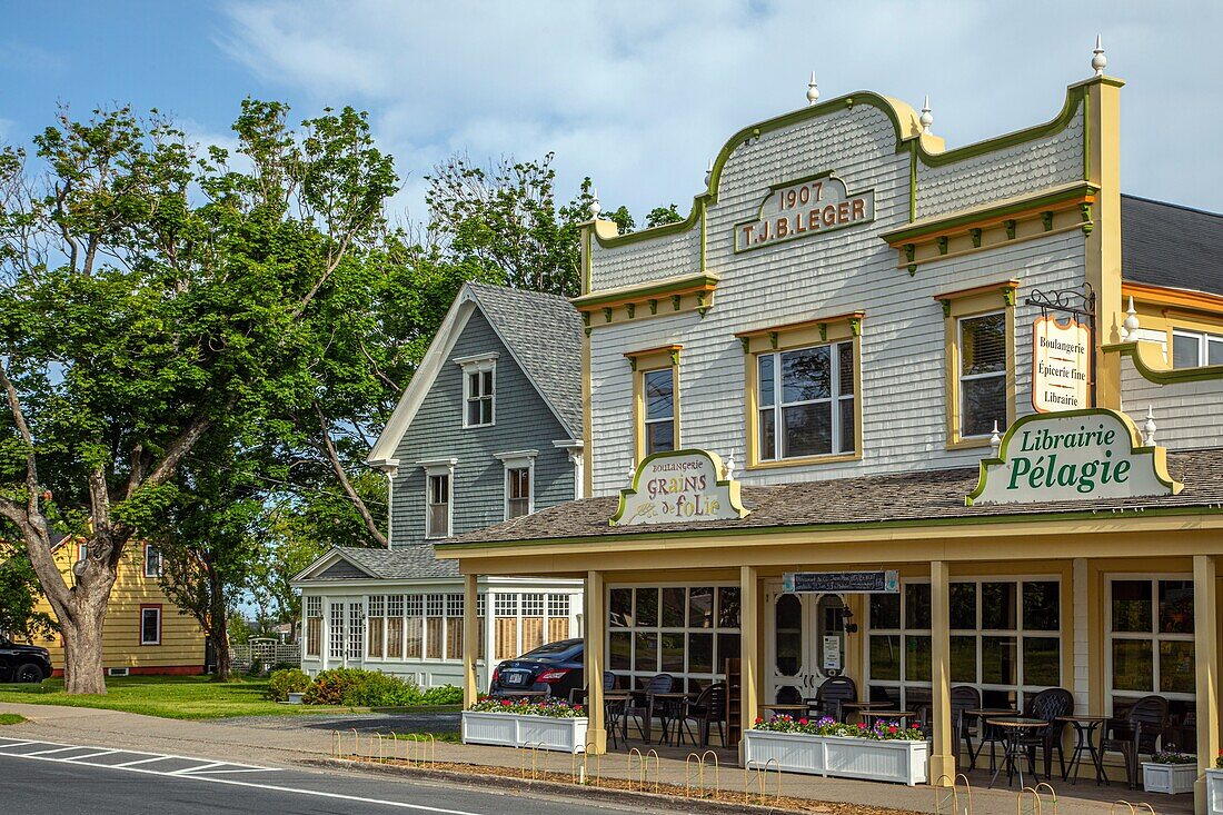 Bookshop, grocery store, bakery, grains de folie, traditional wood house, caraquet, new brunswick, canada, north america