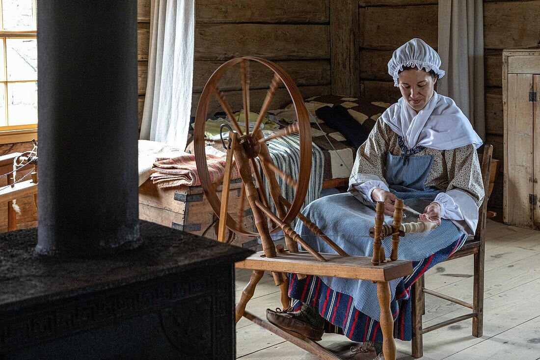 schafwollweber, robichaud farm, historisches akadisches dorf, bertrand, new braunschweig, kanada, nordamerika