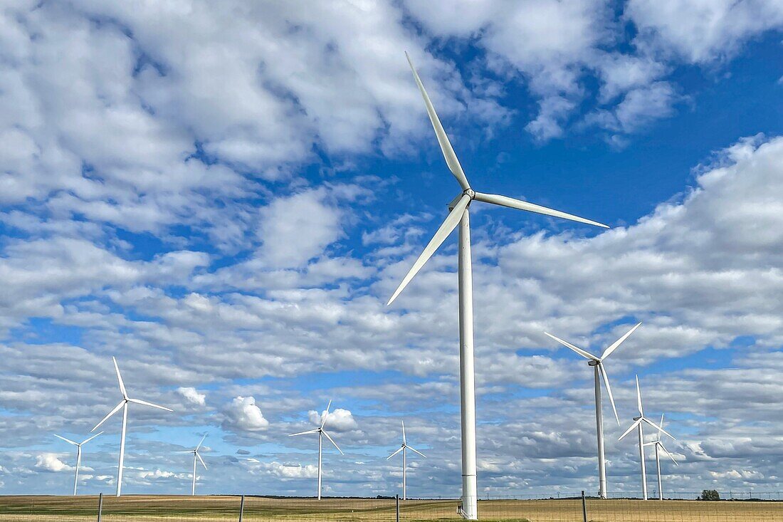 Feld von Windturbinen in der Beauce, Eure-et-loir, Region Centre, Frankreich
