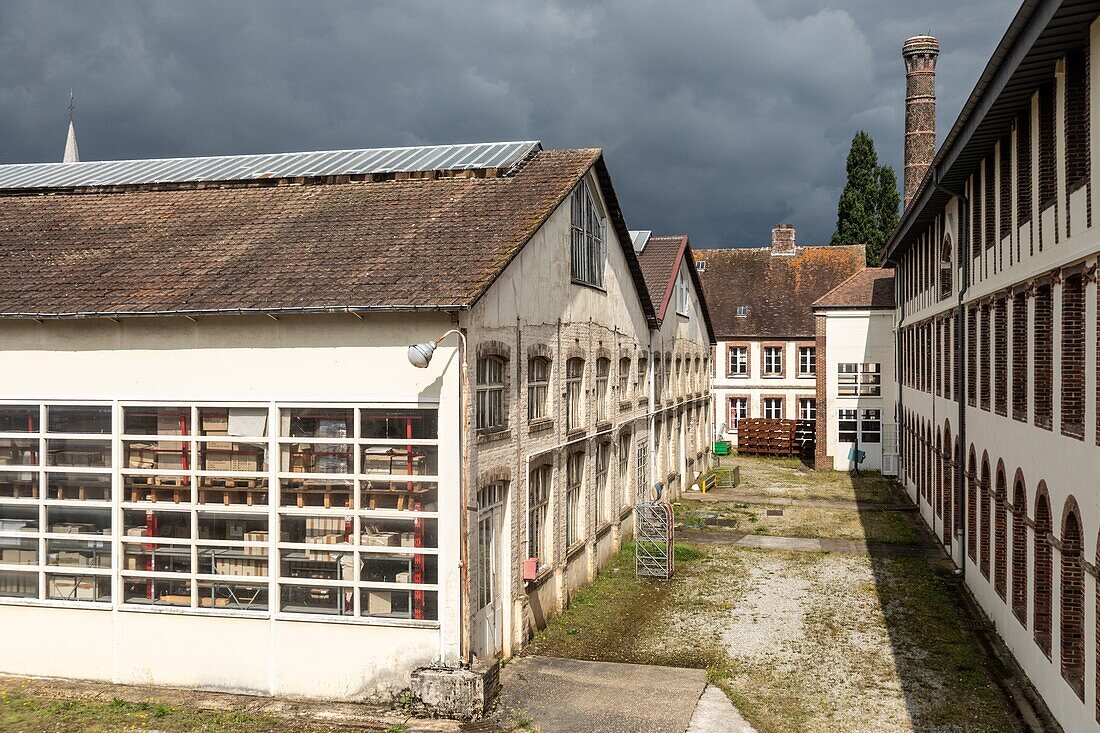 Außengebäude der Fabrik der Herstellung bohin, lebender Wintergarten der Nadel und des Stiftes, saint-sulpice-sur-risle, orne (61), frankreich