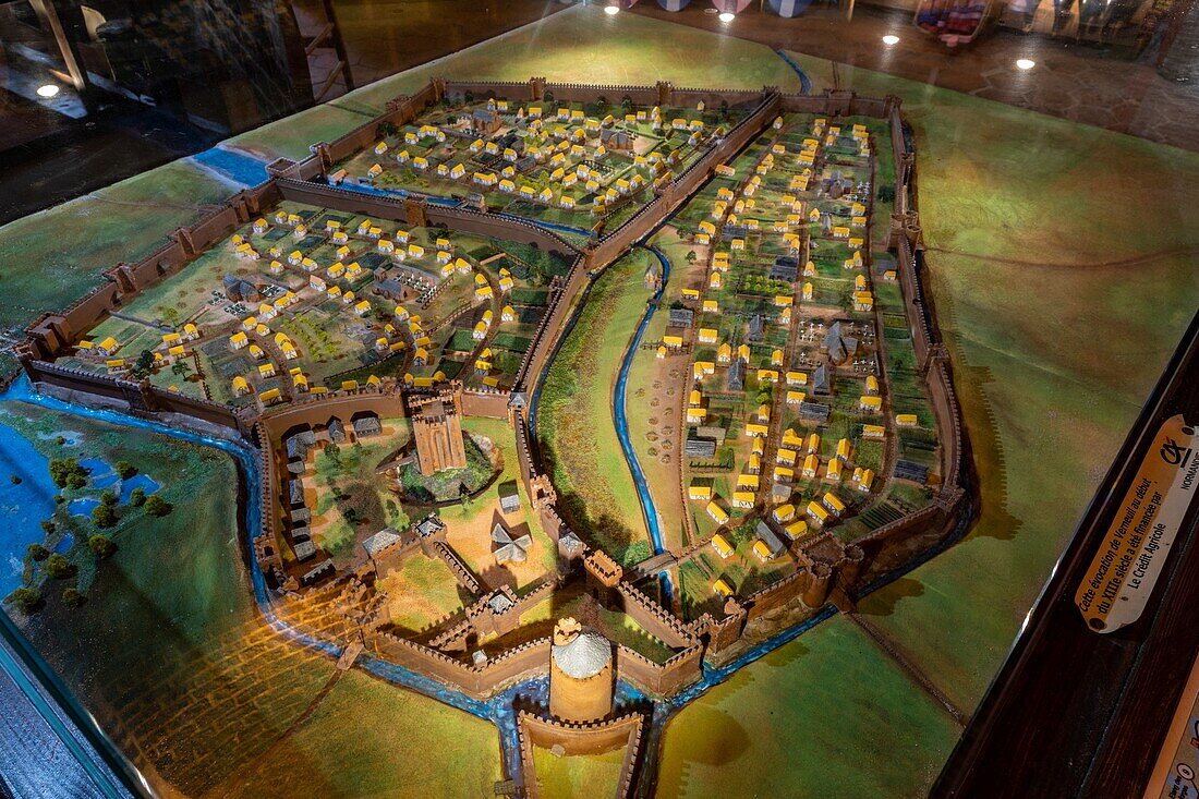Scale model of the fortified town of verneuil in the 13th century located in the gray tower built of calcareous sandstone in the same period, verneuil d'avre et d'iton, eure, normandy, france