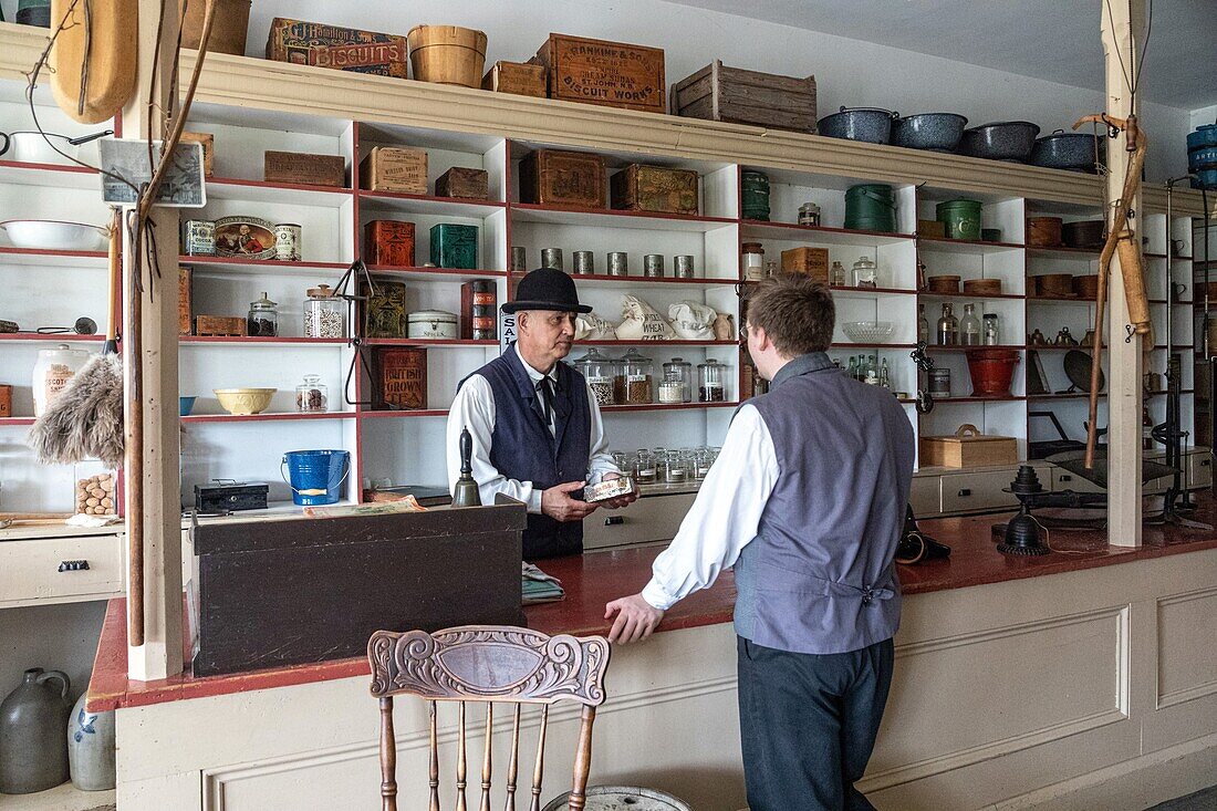 Customer at the grant store, kings landing, historic anglophone village, prince william parish, fredericton, new brunswick, canada, north america