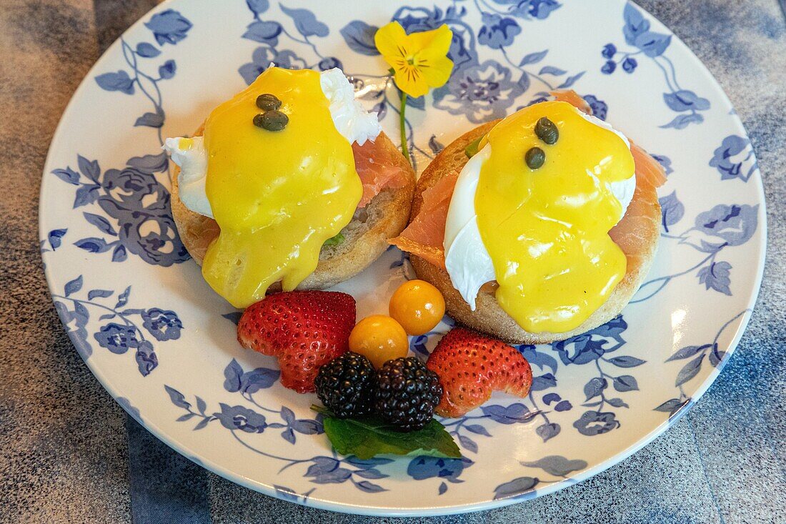 Eggs benedict with salmon, bed and breakfast, by the river, canada, north america