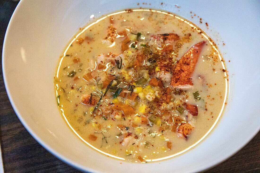 Lobster and vegetable chowder, restaurant les brumes du coude, moncton, new brunswick, canada, north america