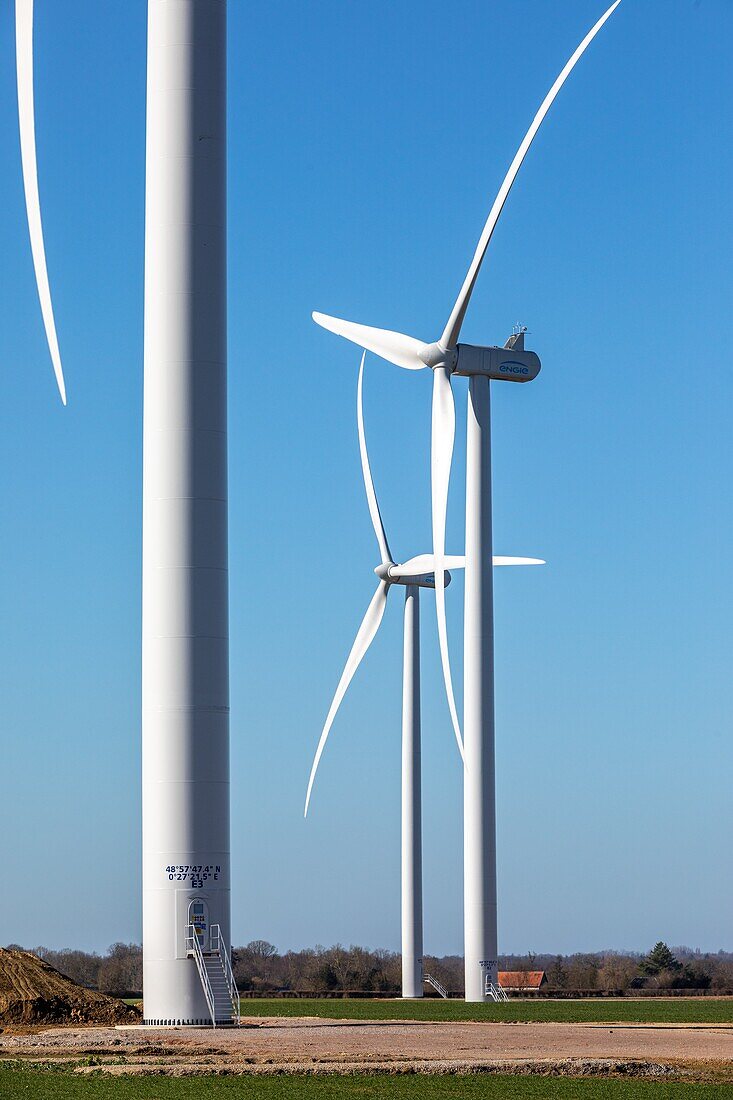 Wind turbines in the countryside of the department of the eure, energy autonomy, normandy, france