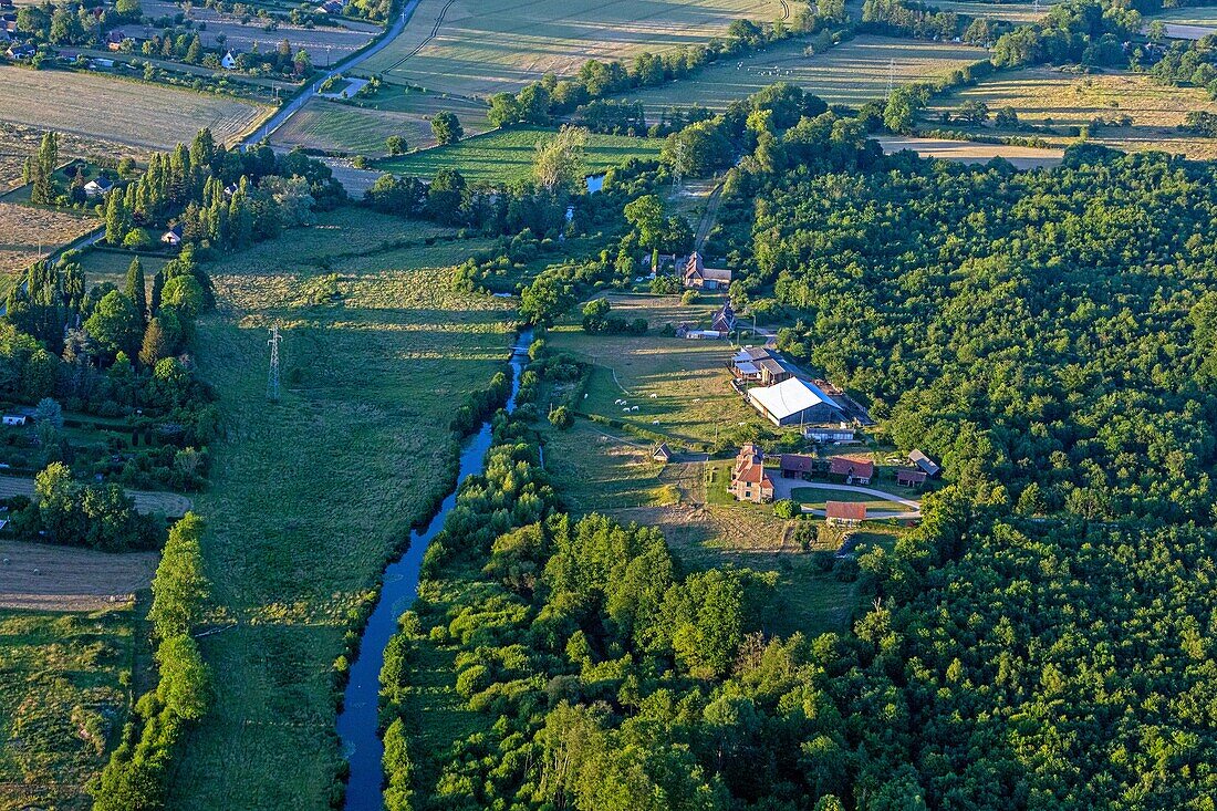 Bauernhof und Wald im Iton-Tal, Bourth, Eure, Normandie, Frankreich