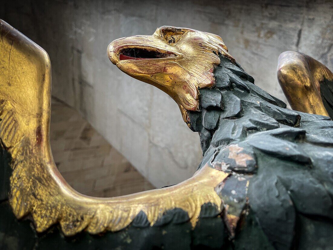 Gilded eagle on the prayer lectern, abbey of le bec, le bec-hellouin, eure, normandy, france