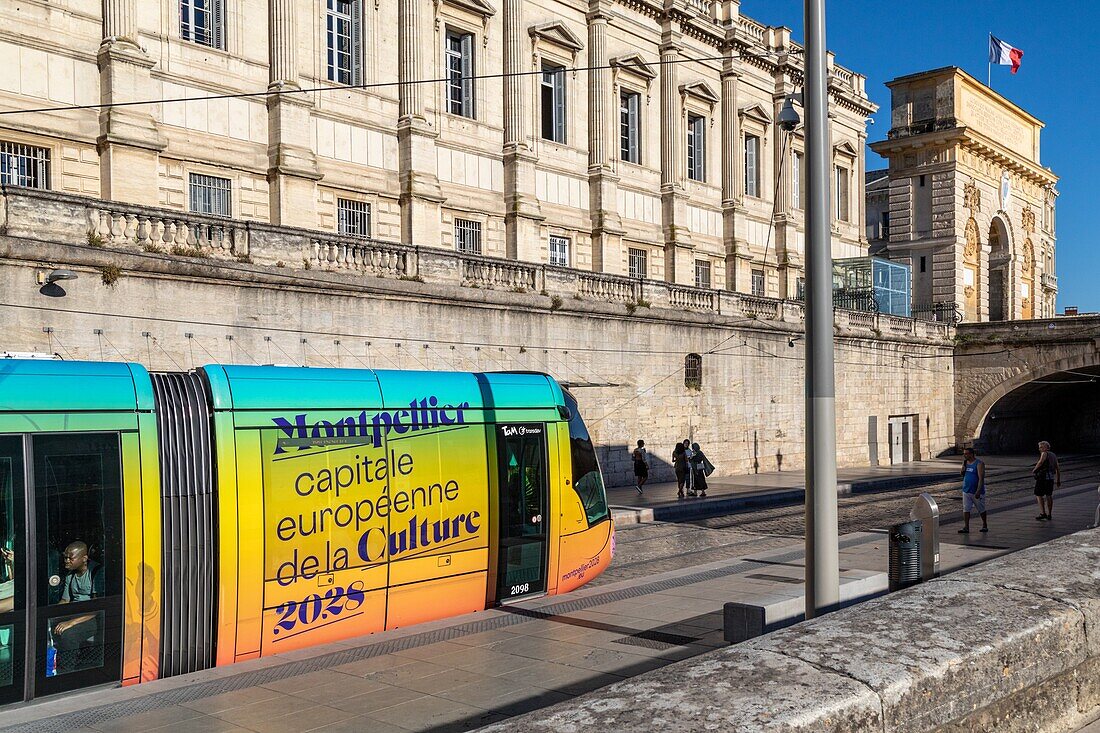 Tramway announcing montpellier as the culture capital in 2028, montpellier, herault, occitanie, france
