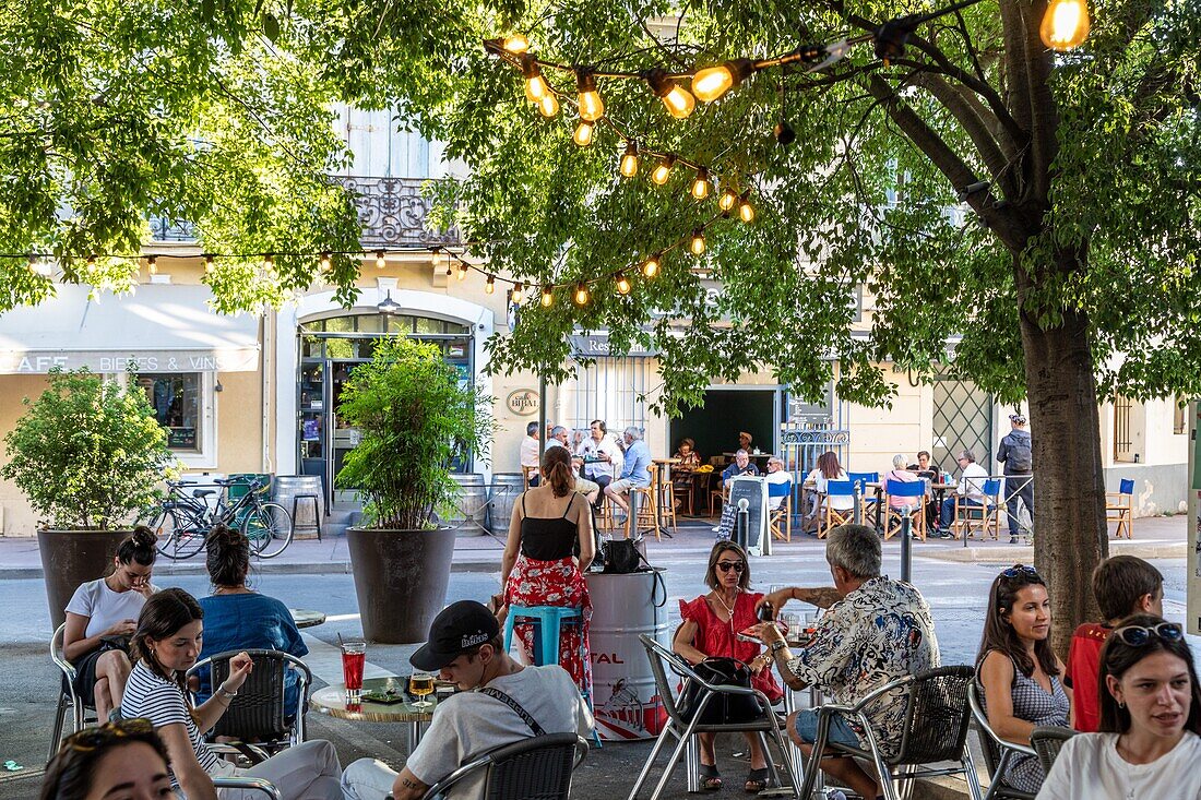 Terrace of the art cafe, place des beaux-arts, montpellier, herault, occitanie, france