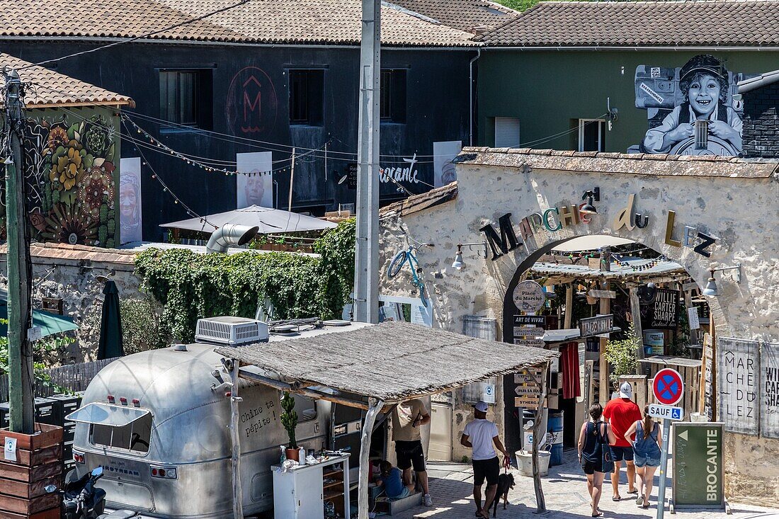 Lez Markt, trendiger und künstlerischer Markt mit Food Trucks, montpellier, herault, occitanie, frankreich