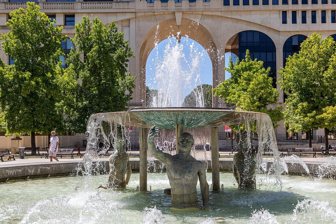 The fountain on the place de thessalie, montpellier, herault, occitanie, france