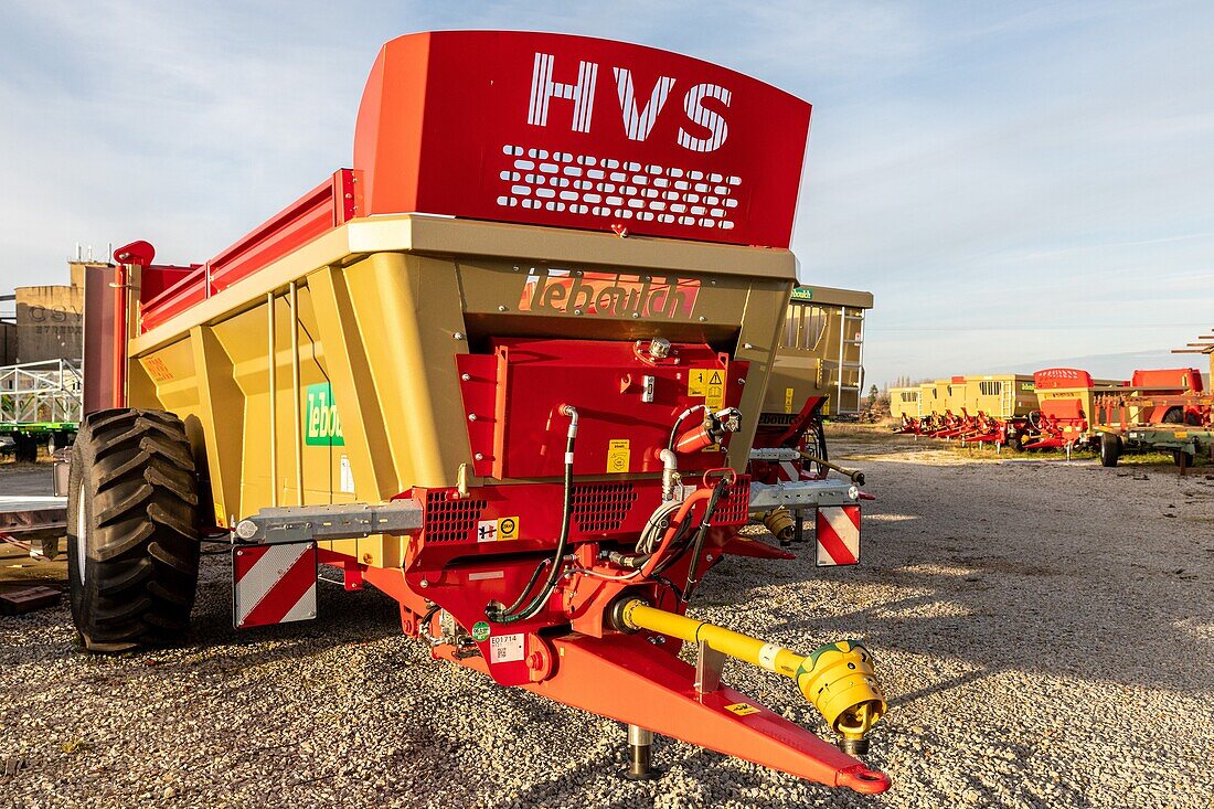 Outdoor storage of trailers and farm equipment, jlb lebouch company, la vieille-lyre, eure, normandy, france