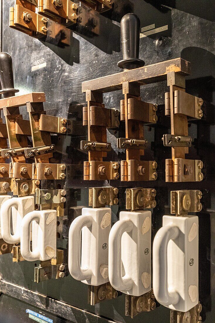 Old, electrical circuit breaker in porcelain and brass, factory of the manufacture bohin, living conservatory of the needle and pin, saint-sulpice-sur-risle, orne (61), france