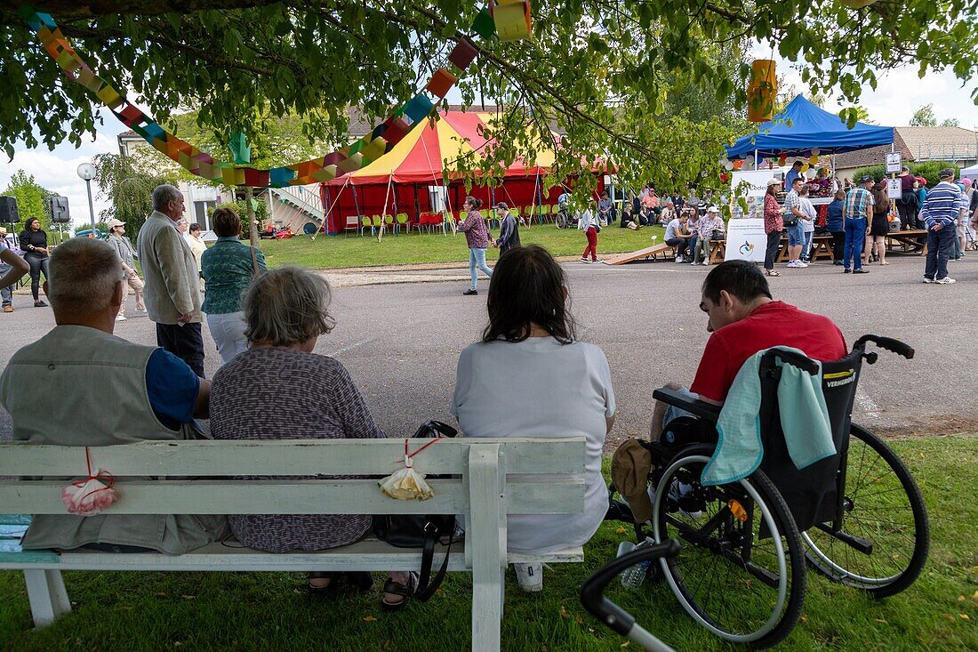 Party day for the handicapped residents and their families, foyer jules ledein, la neuville-du-bosc, eure, normandy, france