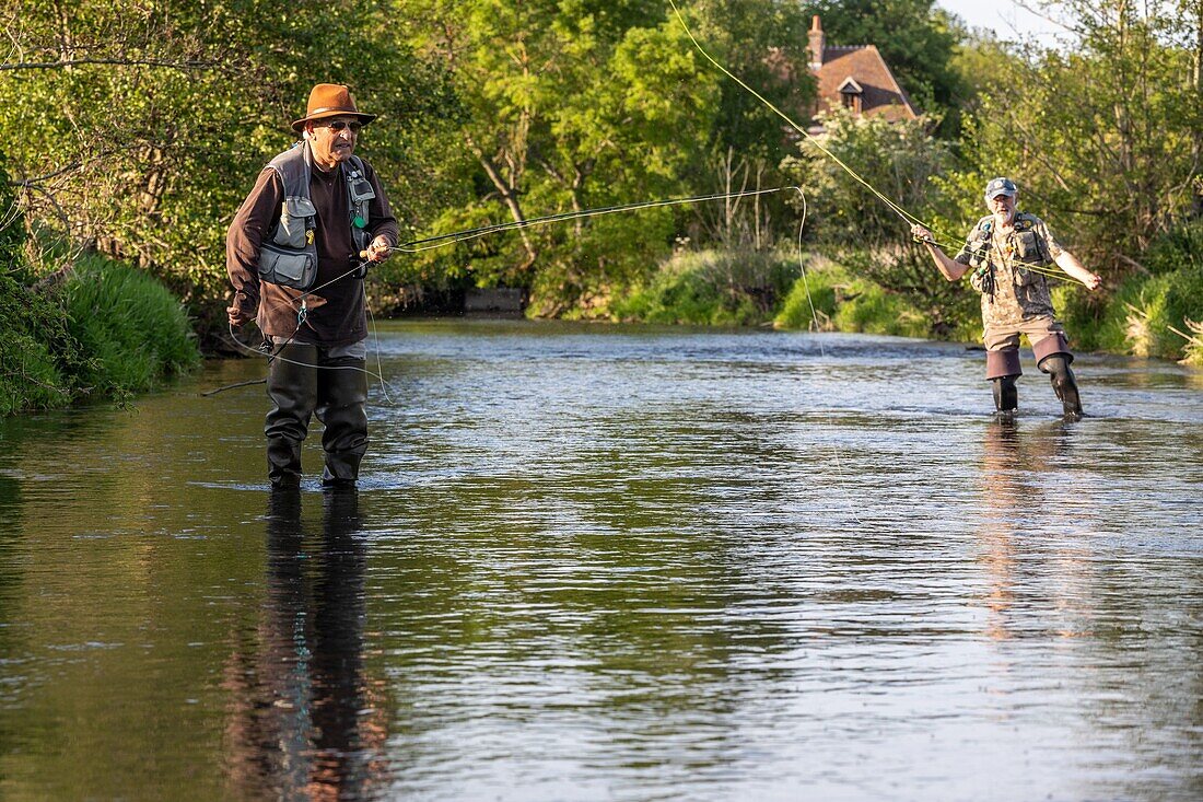 Fly fishing, hameau du rouge moulin hamlet, valley of the risle, la vieille-lyre, eure, normandy, france