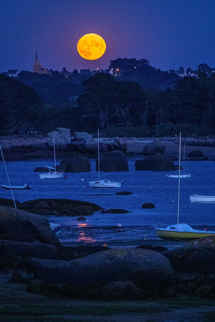 Red moon rising over saint-anne bay, renote island point, tregastel, pink granite coast, cotes-d’armor, brittany, france
