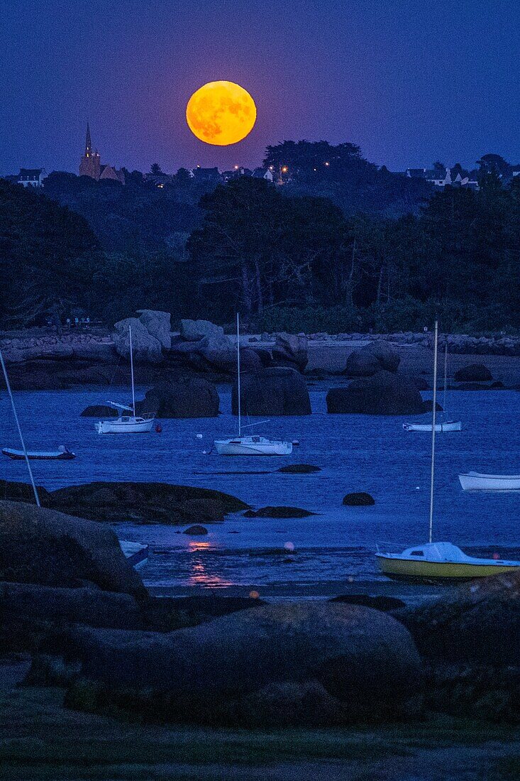 Roter mond über der bucht von saint-anne, renote island point, tregastel, rosa granitküste, cotes-d'armor, bretagne, frankreich