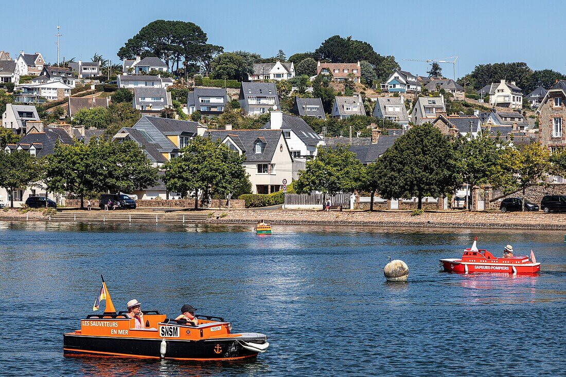 Miniature port, leisure activity in the town center with small electric boats, cotes-d'amor, brittany, france