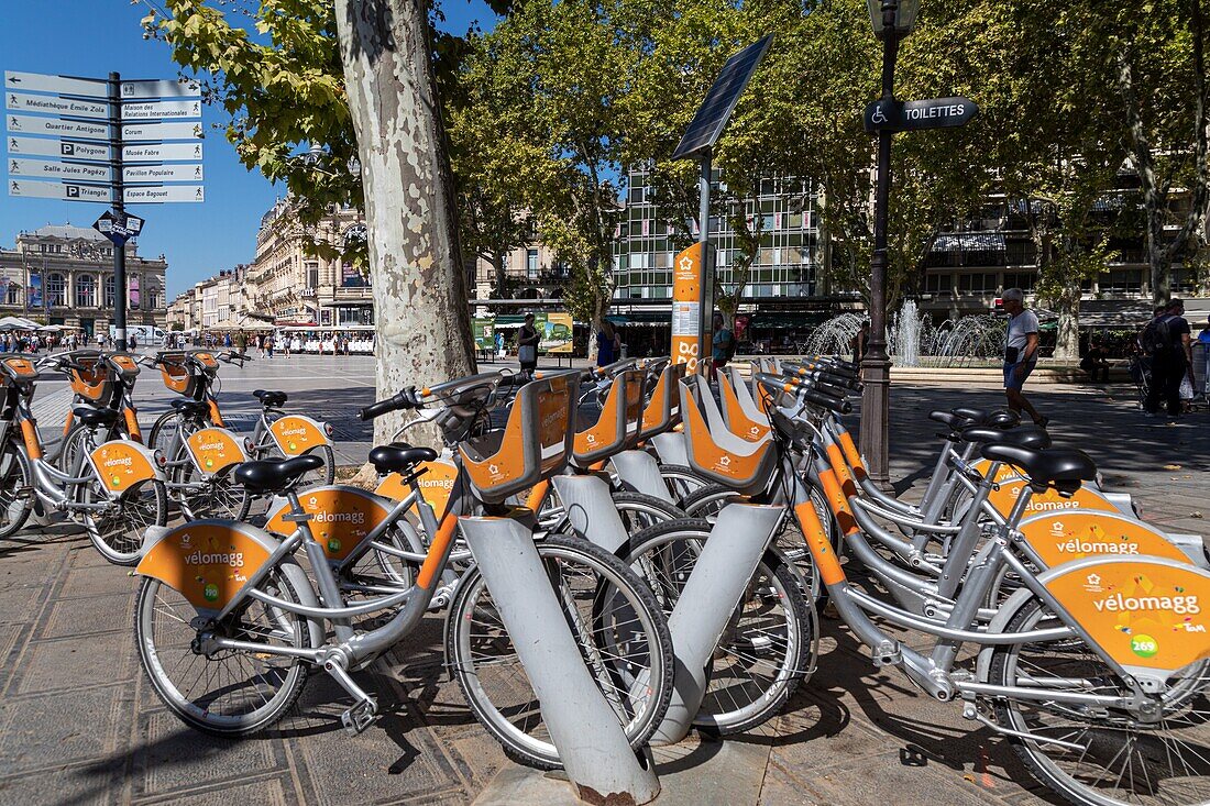 Velomagg station on the place de la comedie, , self-serve rental of bicycles, montpellier, herault, occitanie, france