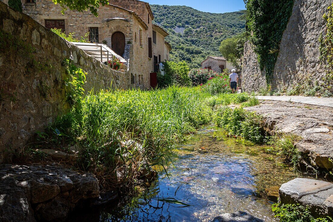 Kleine Gasse im Dorf, das als eines der schönsten Dörfer Frankreichs gilt, saint-guilhem-le-desert, herault, okzitanien, frankreich