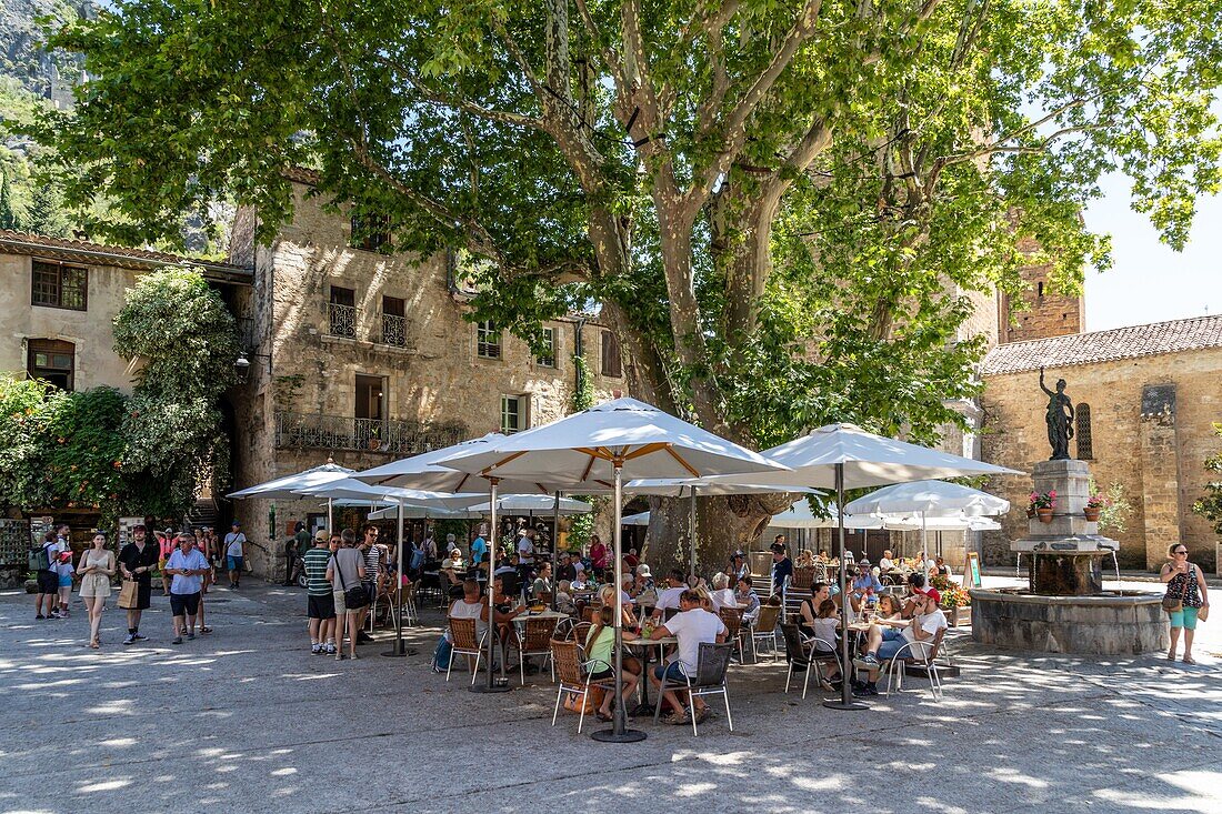 Restaurantterrassen im Schatten der Platane, saint-guilhem-le-desert, eines der schönsten Dörfer Frankreichs, herault, okzitanien, frankreich