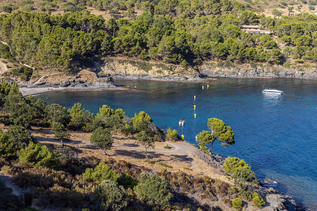 Boat and bathers, pelosa beach, cala calitjas, rosas, costa brava, catalonia, spain