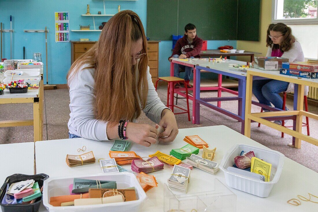 Learning by working, sorting and storing, ime la riviere for children, teenagers and young adults, nassandres-sur-risle, eure, eure, normandy, france