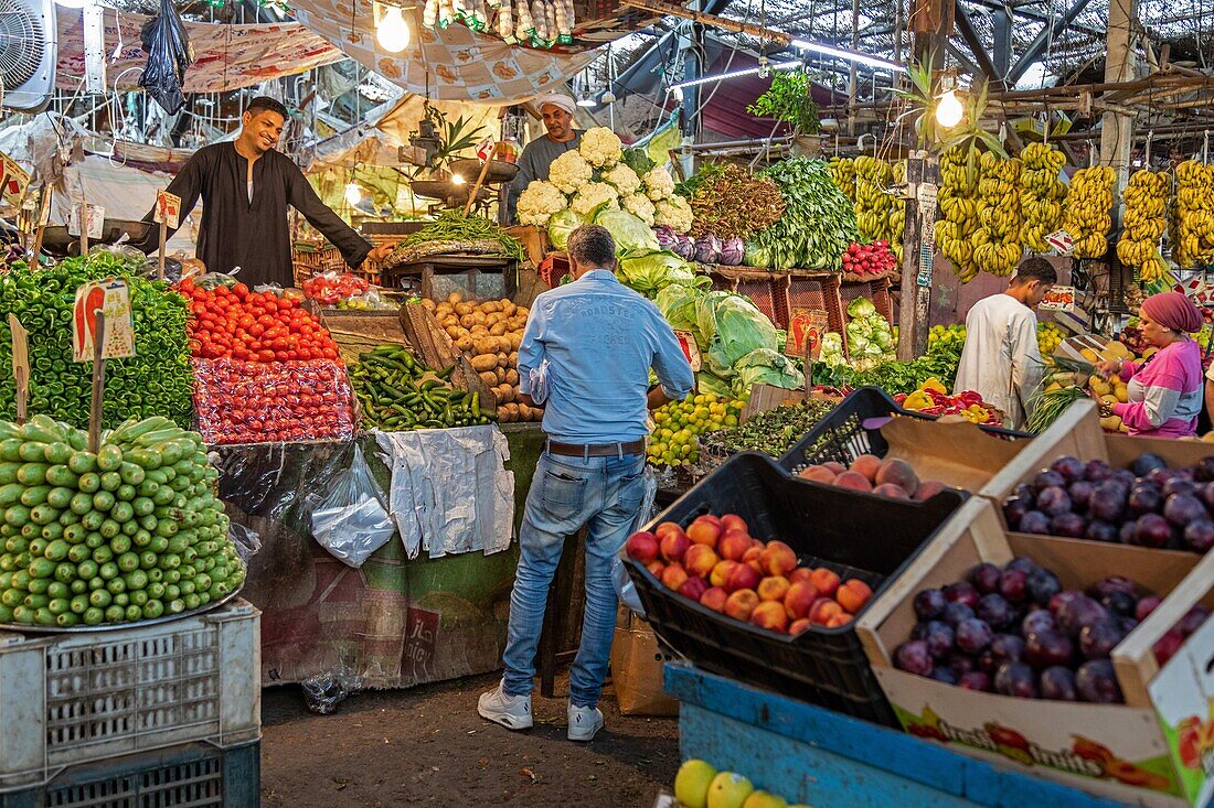 Obst- und Gemüsestand, El Dahar-Markt, beliebtes Viertel in der Altstadt, Hurghada, Ägypten, Afrika