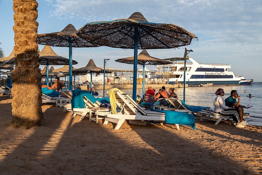 Private beach in front of the hotel marlin inn beach resort, hurghada, egypt, africa
