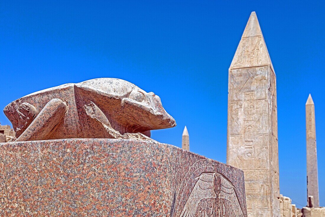 Statue des riesigen Skarabäuskäfers von Khepri vor den Obelisken, Bezirk von Amun-Re, Tempel von Karnak, antike ägyptische Stätte aus der 13. Dynastie, unesco-Weltkulturerbe, Luxor, Ägypten, Afrika