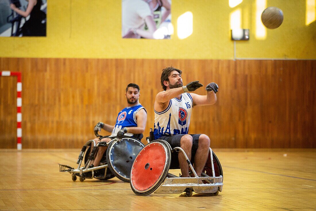 Handi rugby training, team sports for handicapped people in wheelchairs