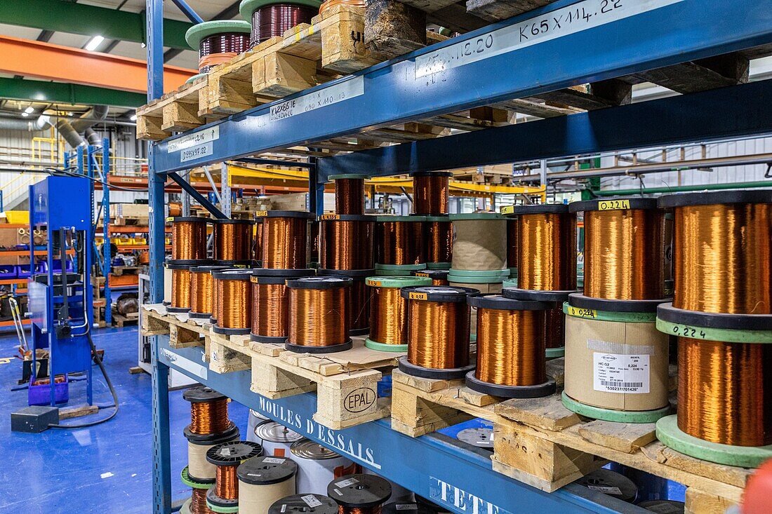 Bobbins of copper for the making of capacitors, regnard technologies company, l'aigle, orne, normandy, france