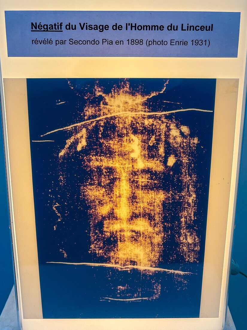 Reproduction of the shroud of turin, negative of the face of a man revealed by secondo pia in 1898 and considered to be the mortuary shroud of christ, church of avranches, manche, normandy, france