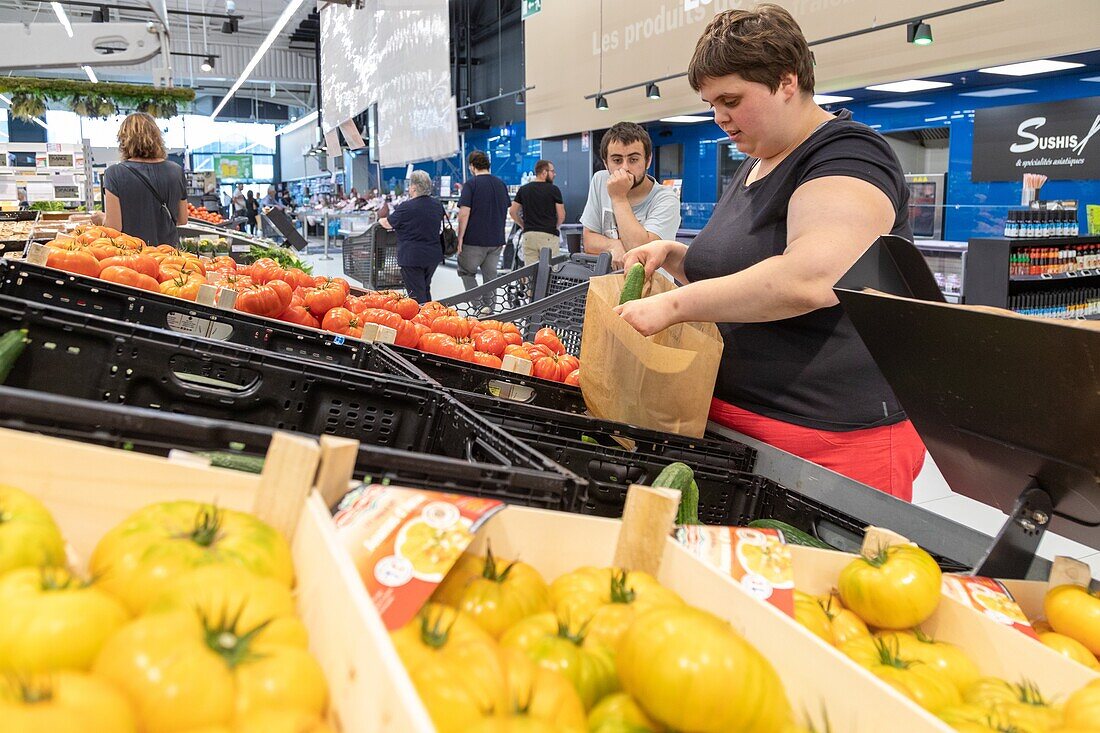 Workshop for autonomous shopping at the supermarket with the specialized care worker, sessad la rencontre, day care, support and service organization for people with disabilities, le neubourg, eure, normandy, france