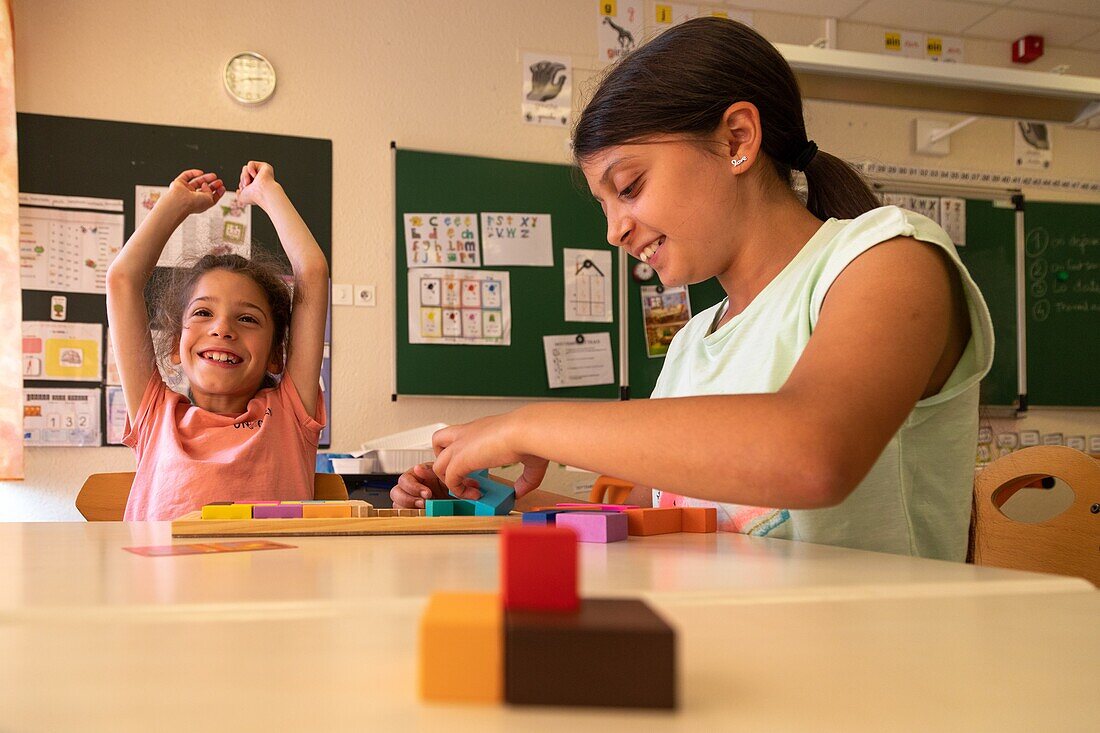 Integration of children with difficulties, slight mental disabilities, localized school inclusion unit, adapei27, primary school of louviers, eure, normandy, france