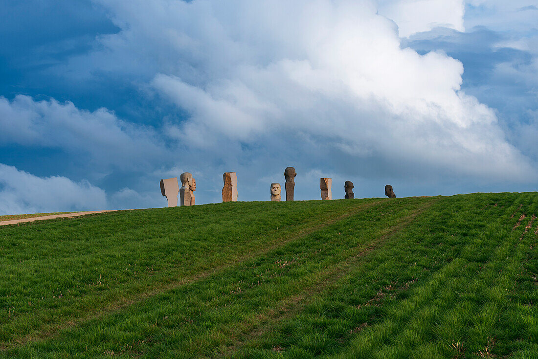 Blick auf den Hügel des Standorts der Steinstatuen von Dodekalitten mit Pflanzen, Insel Lolland, Seeland, Dänemark, Europa