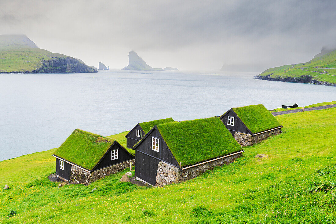 Iconic traditional houses with grass roof with Drangarnir and Tindholmur in the background, Bour, Vagar island, Faroe islands, Denmark, Europe