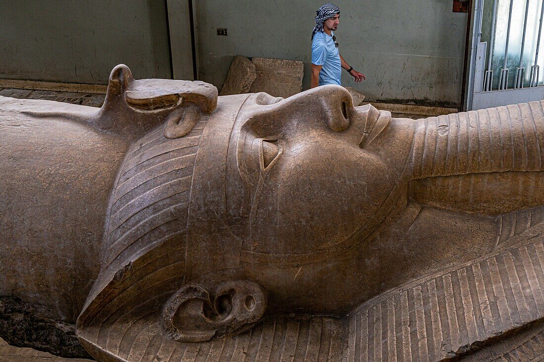 Detail of the pharaoh's faces, granite colossus of ramses ii, 10 metres long, mit rahina open-air museum, listed as a world heritage site by unesco, cairo, egypt, africa